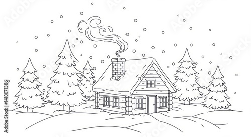 Snowy winter landscape with cozy log cabin and smoke rising from chimney surrounded by pine trees