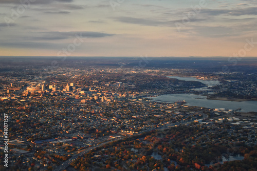 Obraz na płótnie Providence, Rhode Island, fall at sunset from Airplane, Aerial, Downtown USA city skyline on the Providence River. w salonie