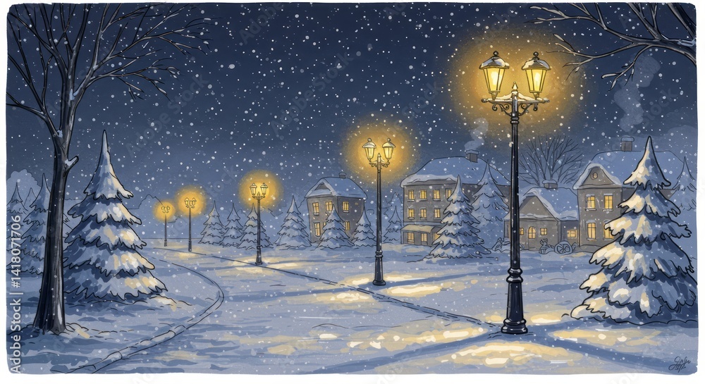 Naklejka premium Snowy winter night in a charming village with illuminated street lamps and cozy houses