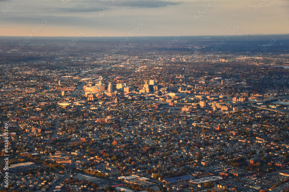 Providence, Rhode Island, fall at sunset from Airplane, Aerial, Downtown USA city skyline on the Providence River.