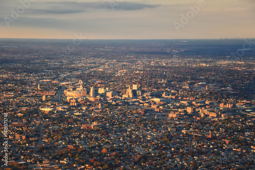 Obraz na płótnie Providence, Rhode Island, fall at sunset from Airplane, Aerial, Downtown USA city skyline on the Providence River. w salonie