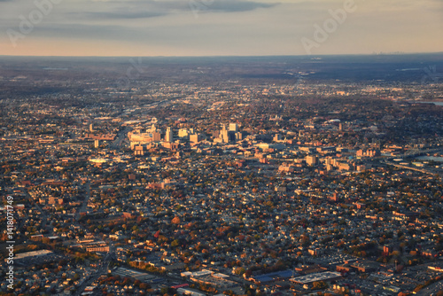 Providence, Rhode Island, fall at sunset from Airplane, Aerial, Downtown USA city skyline on the Providence River.