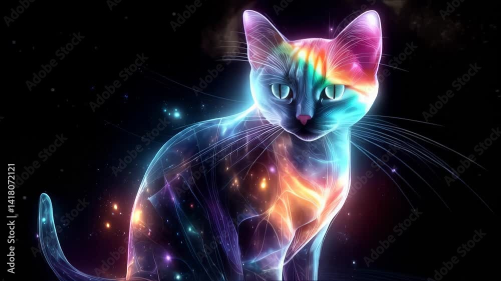 Cosmic cat illuminates the night with vibrant colors and celestial patterns in a mesmerizing display of light Cosmic cat illuminates the night with vibrant colors and celestial patterns in a mesmerizing display of light