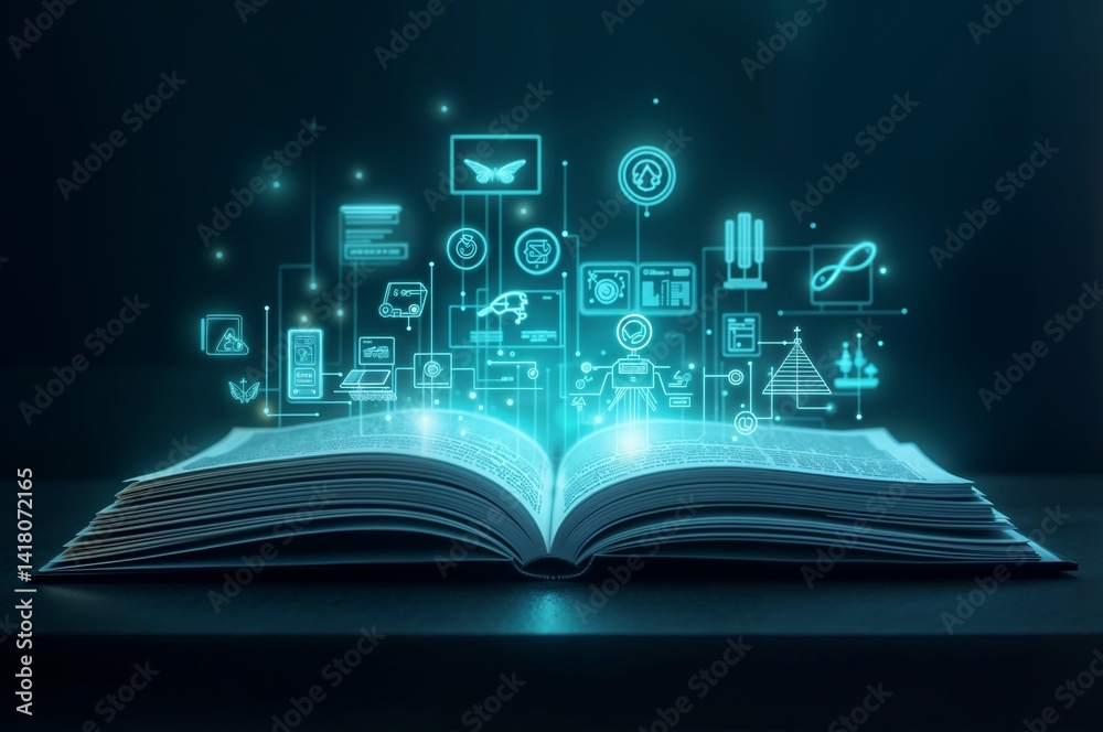 Fototapeta premium Open Book with Glowing Technological Icons in Teal Against Dark Background with Copy Space