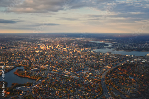 Obraz na płótnie Providence, Rhode Island, fall at sunset from Airplane, Aerial, Downtown USA city skyline on the Providence River. w salonie