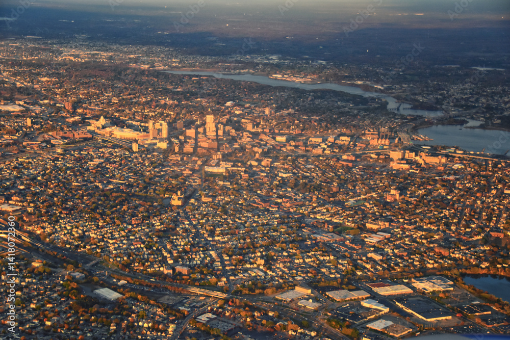 Providence, Rhode Island, fall at sunset from Airplane, Aerial, Downtown USA city skyline on the Providence River.