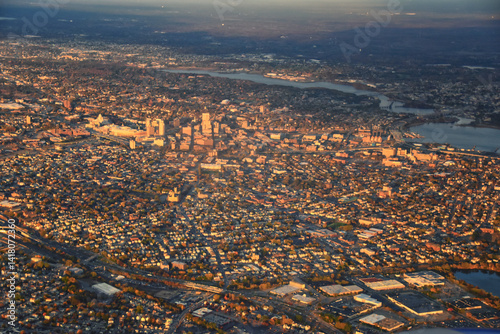 Providence, Rhode Island, fall at sunset from Airplane, Aerial, Downtown USA city skyline on the Providence River.