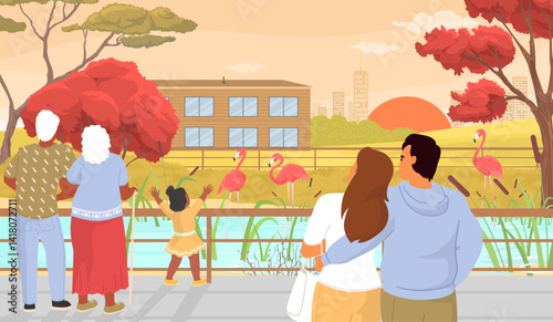 Families enjoy a picturesque sunset at a nature park while observing flamingos near the water. The scene captures moments of connection and wonder in a colorful landscape.
