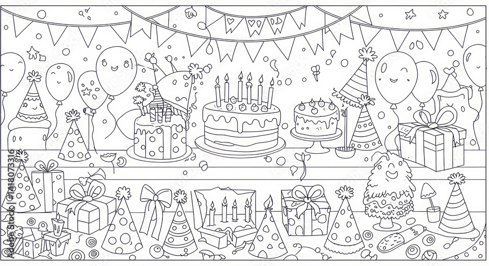 custom made wallpaper toronto digitalWhimsical birthday celebration scene with cakes, balloons, and gifts in black and white line art for coloring book or party invitation