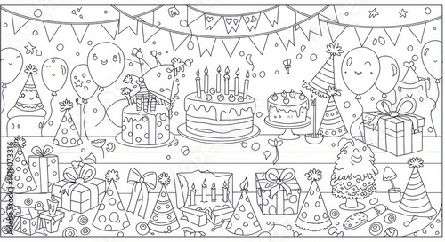 Wallpaper Mural Whimsical birthday celebration scene with cakes, balloons, and gifts in black and white line art for coloring book or party invitation Torontodigital.ca