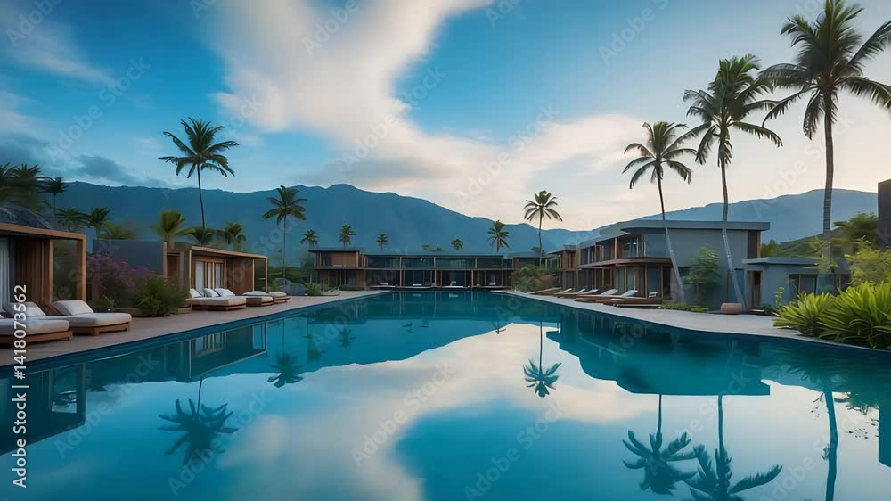 Luxury resort with an infinity pool reflecting the clear sky and surrounding palm trees, against the backdrop of mountains.

