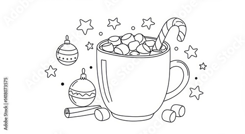 Whimsical Christmas Hot Chocolate Illustration with Candy Cane and Marshmallows