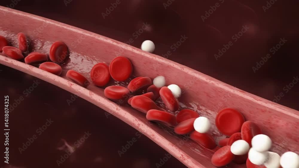 Human bloodstream with red blood cells and white blood cells flowing ...