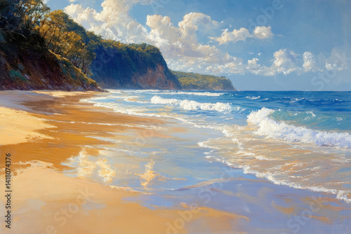 Vivid painting: crashing waves on sandy beach, colorful umbrellas, and people relaxing under sunny sky, capturing serene summer vibe.