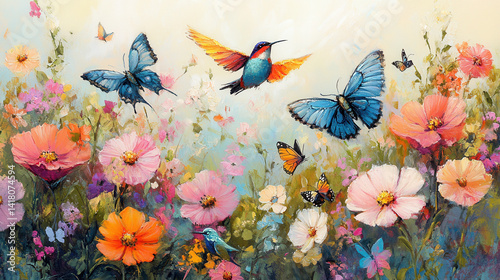 Vibrant Colorful Butterflies and Birds Soaring Over a Field of Cosmos Flowers