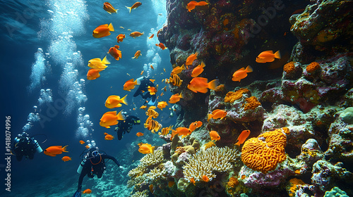 Fototapeta Naklejka Na Ścianę i Meble -  Scuba divers explore a coral reef teeming with vibrant orange fish amidst a flurry of bubbles in the crystal-clear ocean