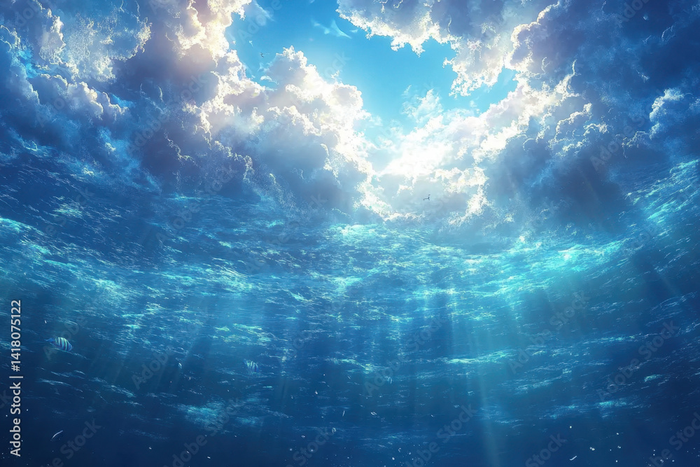 Fototapeta premium Blue ocean with sun shining through, creating dreamlike patterns on the seabed. White fluffy clouds overhead add to the serene seaside view.