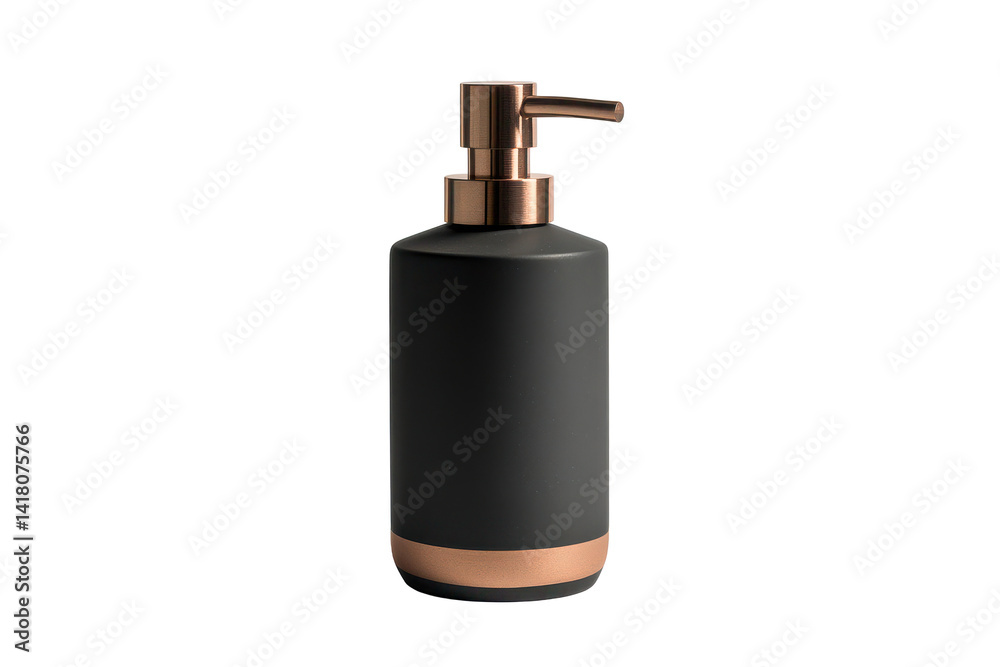 Obraz premium Modern black soap dispenser with copper accents for bathroom decor on transparent background