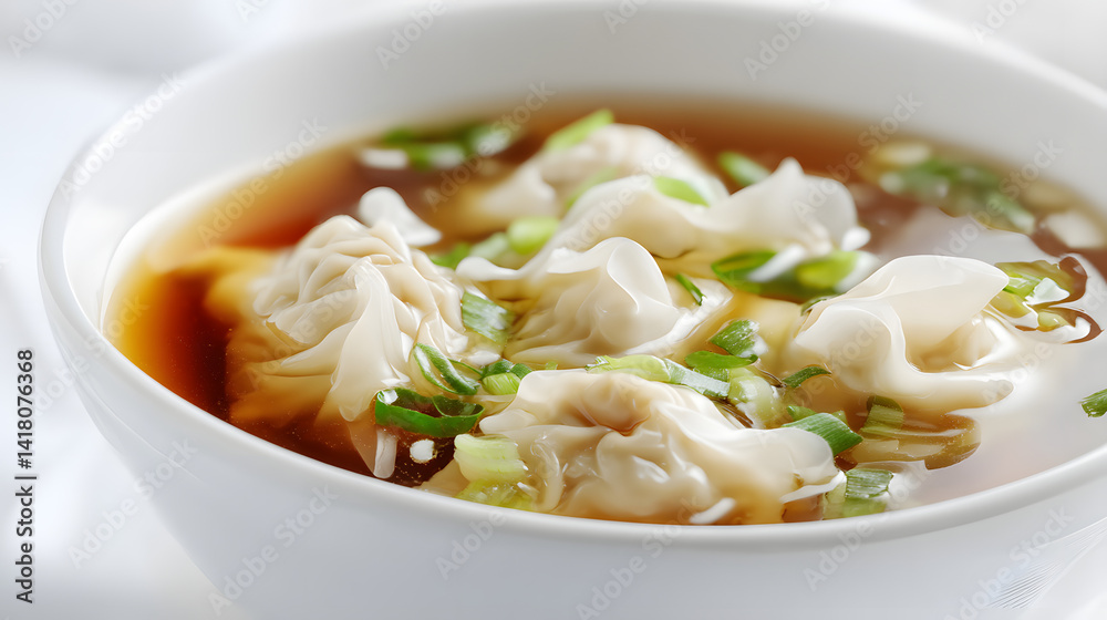 Delicious, Ultra-Realistic Bowl of Chinese Dumplings with Broth and Green Onions Captured in High Detail Delicious, Ultra-Realistic Bowl of Chinese Dumplings with Broth and Green Onions Captured in High Detail