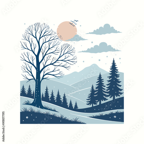 Winter Landscape with Snowy Hills, Bare Trees, and Pine Forest under Moonlight.