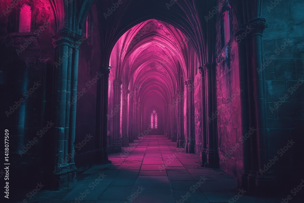 Obraz premium Mysterious gothic corridor illuminated by pink light in ancient structure