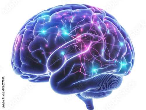 Glowing Human Brain 3D Render, Isolated on Transparent Background, Neural Network, Brain Activity, Neurology, Neuroscience, Medicine