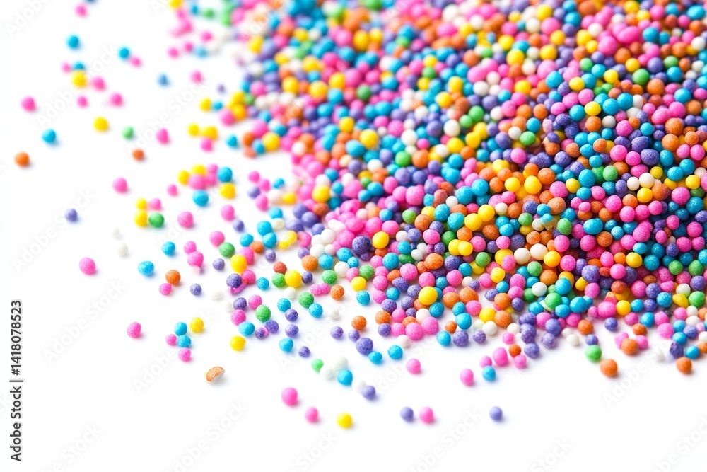 Colorful sprinkles scattered on a white surface, ideal for baking and decoration purposes Colorful sprinkles scattered on a white surface, ideal for baking and decoration purposes