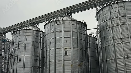 Gigantic Grain Silos Under Cloudy Sky: Industrial Agriculture