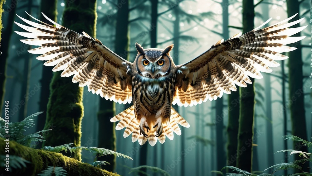 Majestic owl soaring through mystical forest