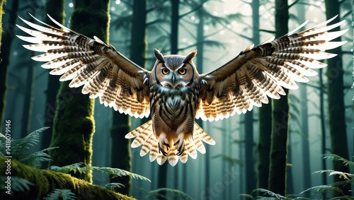 Obraz na płótnie Majestic owl soaring through mystical forest w salonie