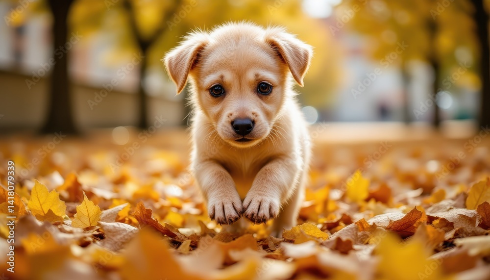 Cute puppy in autumn leaves