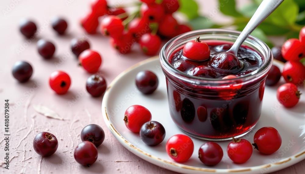 Red fruit jam in a glass jar