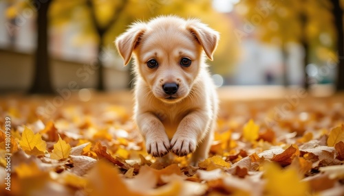 Cute puppy in autumn leaves
