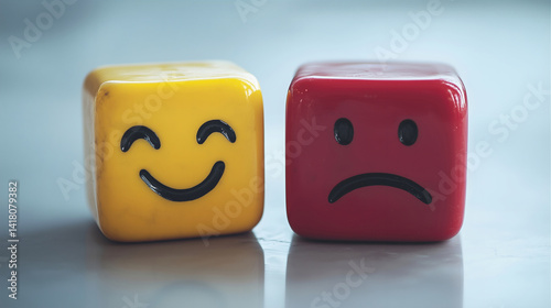 two characted cubes, the yellow one is happy, the red one is sad and confused, isolated on neutral background, different emotions concept photo