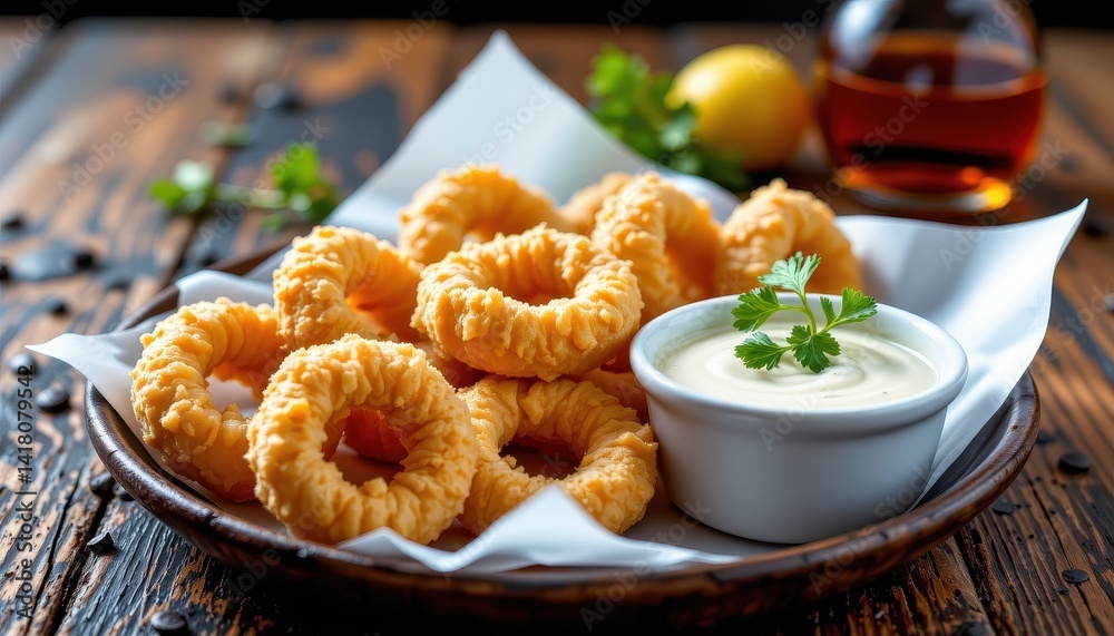 Crispy fried rings served with creamy sauce