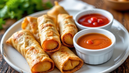 Obraz na płótnie Crispy rolled snacks with dipping sauces w salonie