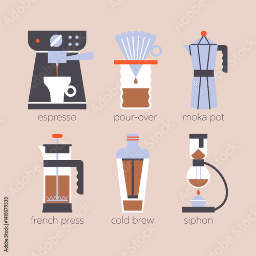 Specialty coffee brewing methods infographic. Flat vector illustration of coffee makers. Instruction of preparation caffeine drink with temperature, roasting and grind parameters.