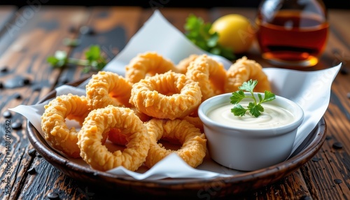 Obraz na płótnie Crispy fried rings served with creamy sauce w salonie