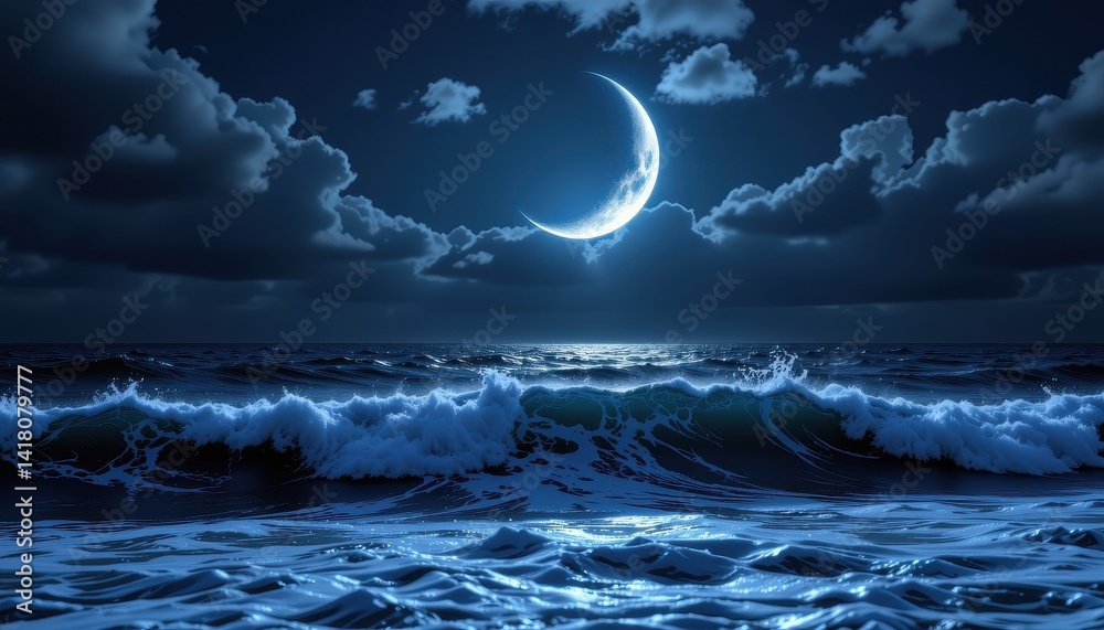 Nighttime seascape with moon