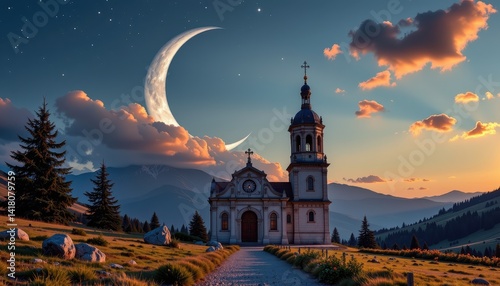Obraz na płótnie Mountain Chapel at Sunset w salonie