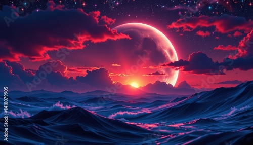 Obraz na płótnie Crimson moonrise over the waves w salonie