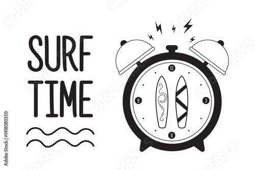 Surf time. Alarm clock with surfboards and text, monochrome design isolated on white background. Horizontal banner template. Surfing on tropical beach. Black icon or sign.