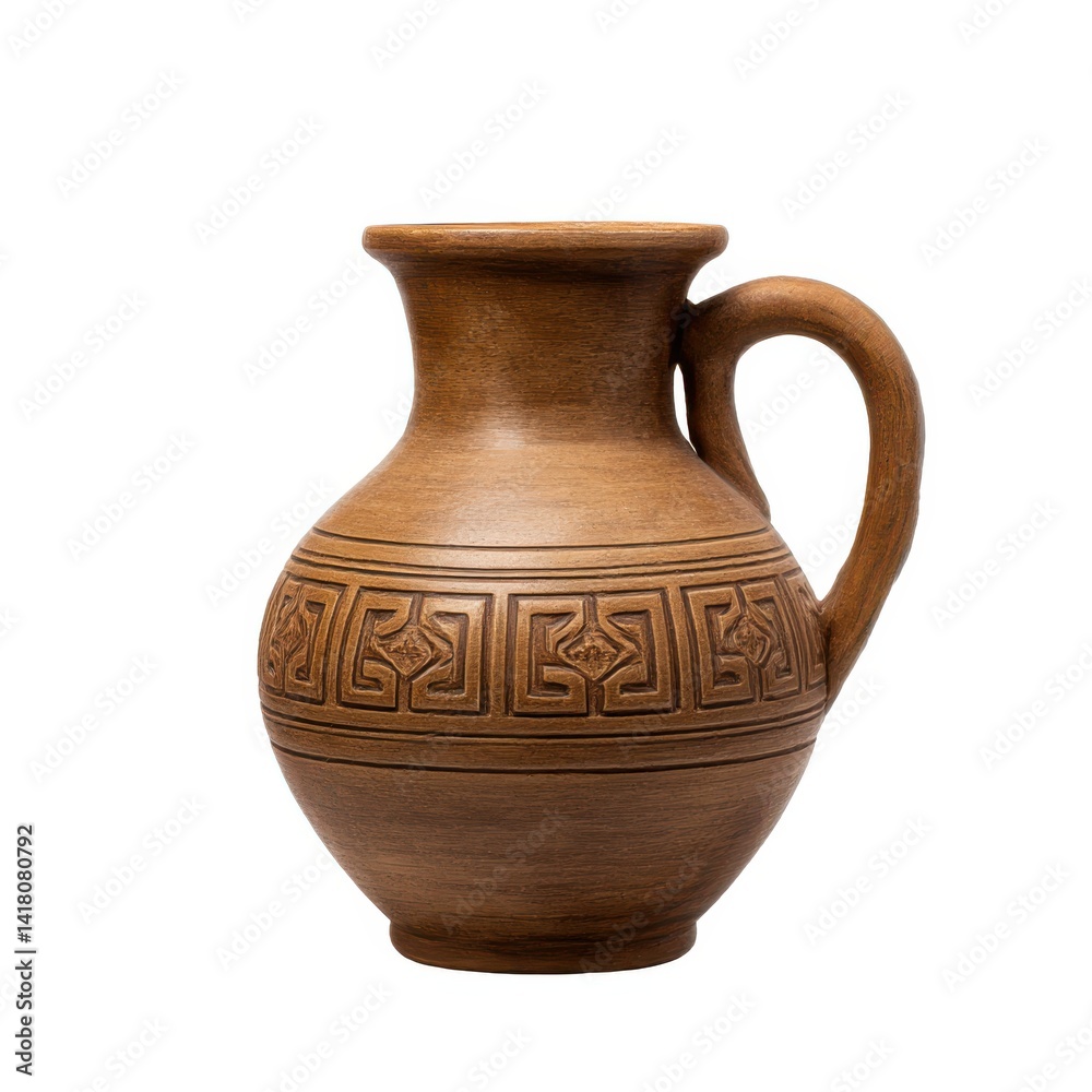 Brown clay jug with handle isolated on white background
