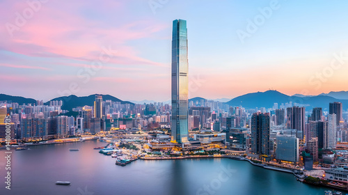 Hong Kong Skyline Sunset Cityscape Aerial View