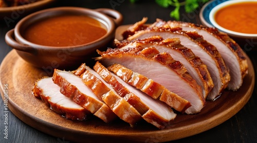Sliced roasted pork with a crispy crust is artfully arranged on a black platter, accompanied by two bowls of rich, savory sauce
