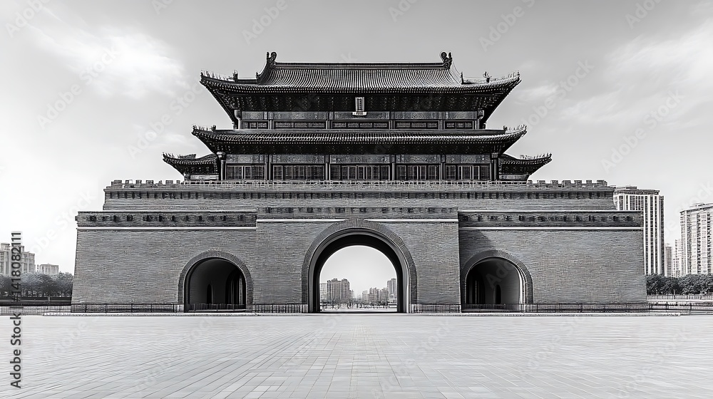 Obraz premium A Large Chinese Traditional Architecture Building Black And White