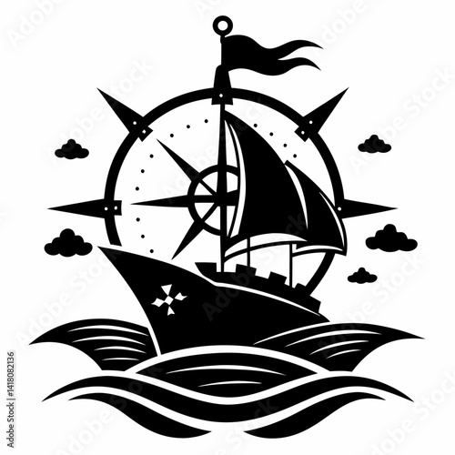Nautical Adventure Sailing Ship with Compass Rose and Waves  Illustration
