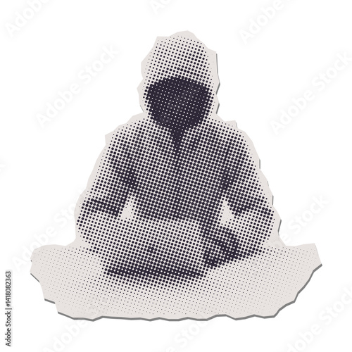 Hacker Hooded Man with dark on face Stealing Data from Computer. Torn out isolated paper sticker. Cyber Attack. Pop Art retro vector illustration. Single element
