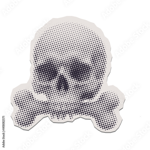 Human skull and bone in halftone dots style. Pirates jolly roger flag. Sign of poison or danger Vector isolated torn out isolated paper sticker.