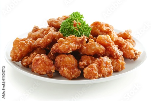 Crispy golden fried chicken karaage pieces served on a white plate with garnish, isolated on white background